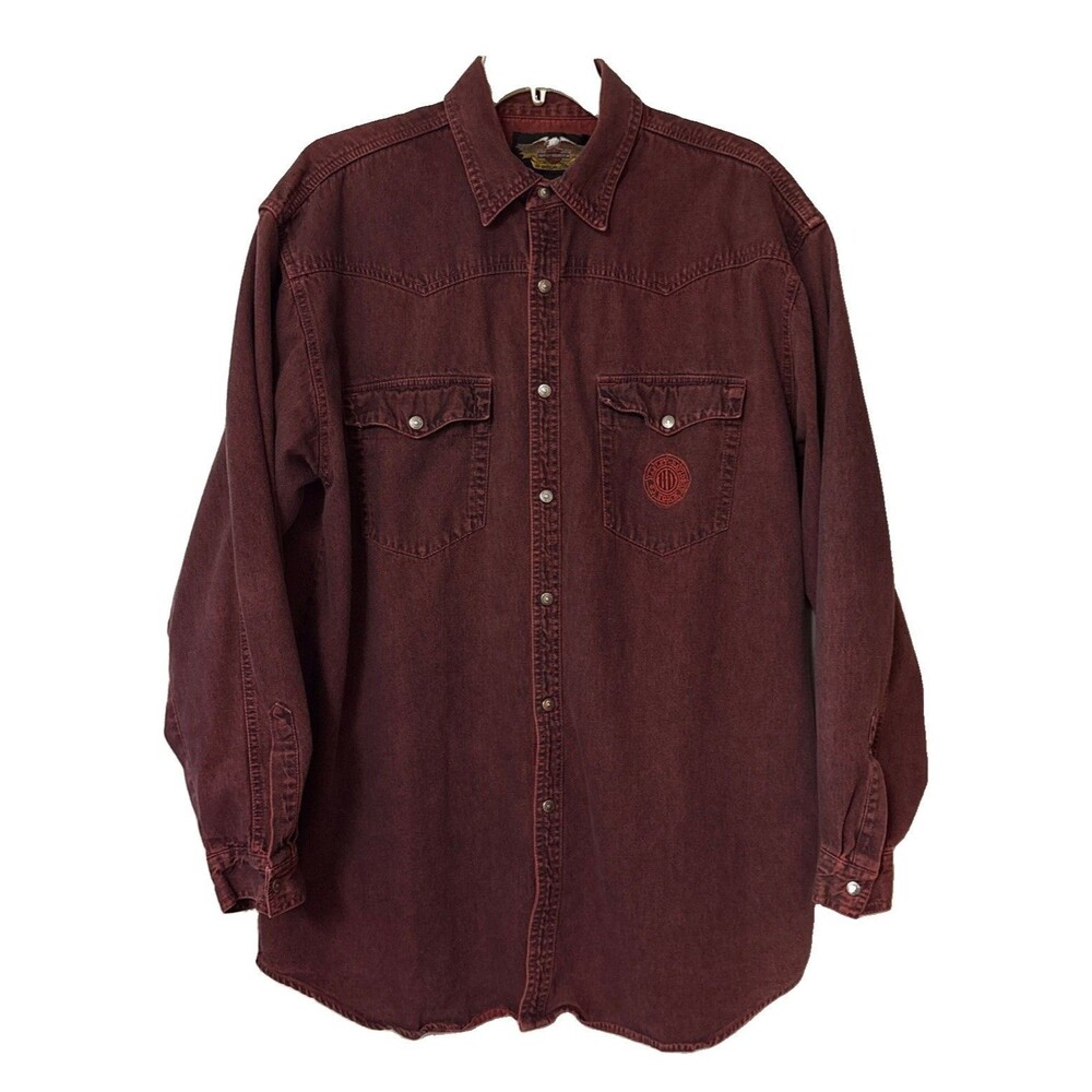 Harley-Davidson Motor Cycle Red Denim Logo Snap Button Down M Shirt Size XL EUC